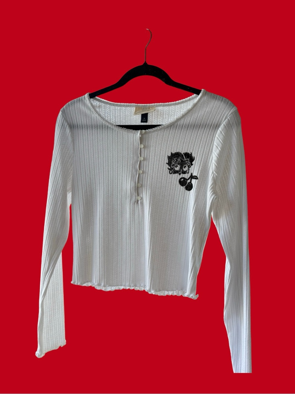 White Long-Sleeve Ribbed Henley Top Betty Boop Custom Hand Printed Size M